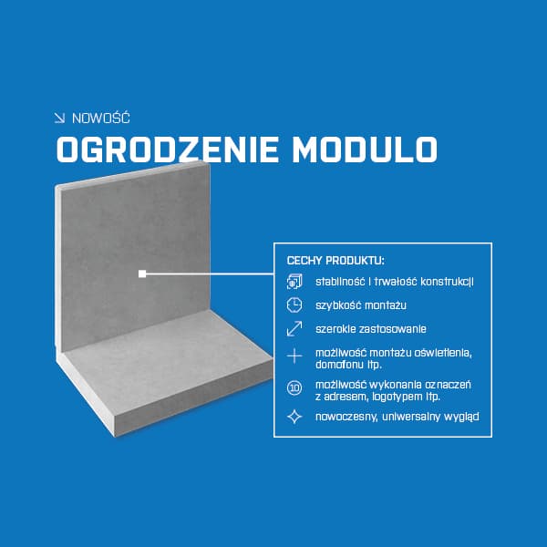 Grafika prezentująca zalety betonowego Ogrodzenia Modulo, opartego na kształcie popularnych ścian oporowych  