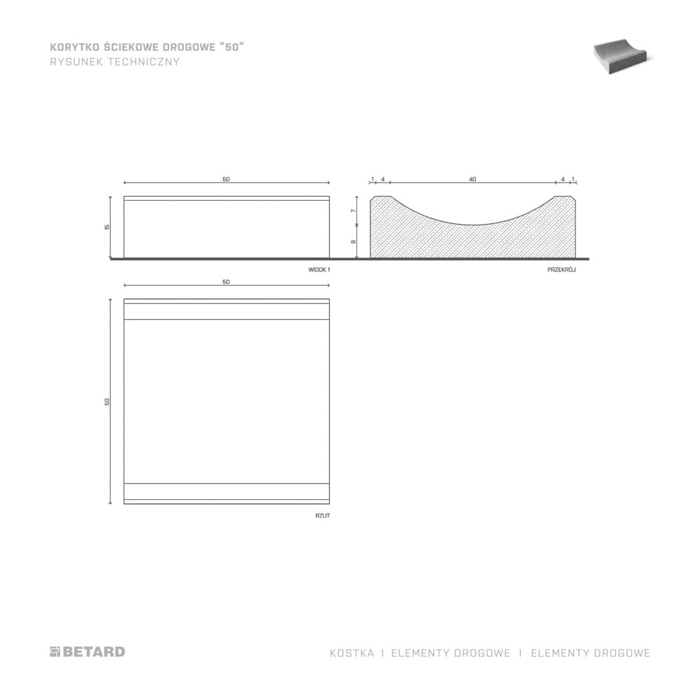 Korytko ściekowe drogowe 50 rzut produktu
