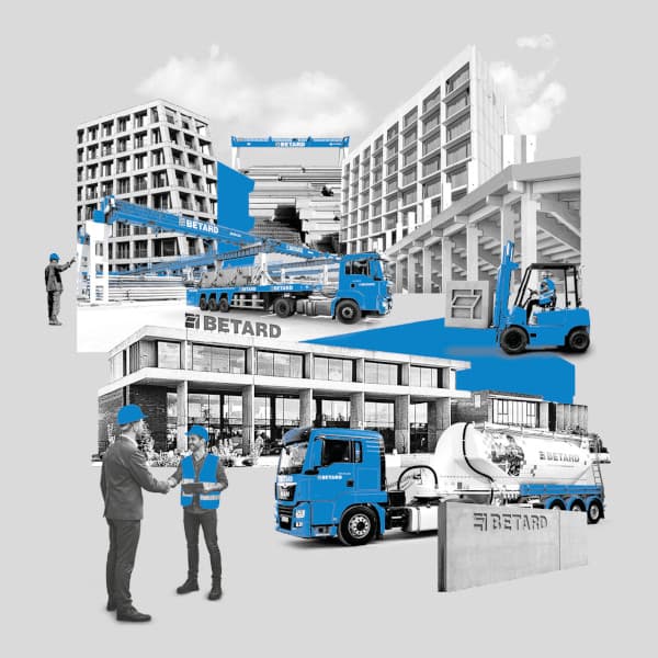 Grafika prezentująca elementy związane z firmą Betard, jak budynki z prefabrykatów, wózek widłowy, cementowóz, pracownicy produkcji
