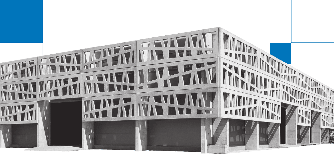 Budynek z prefabrykowaną ażurową betonową elewacją.